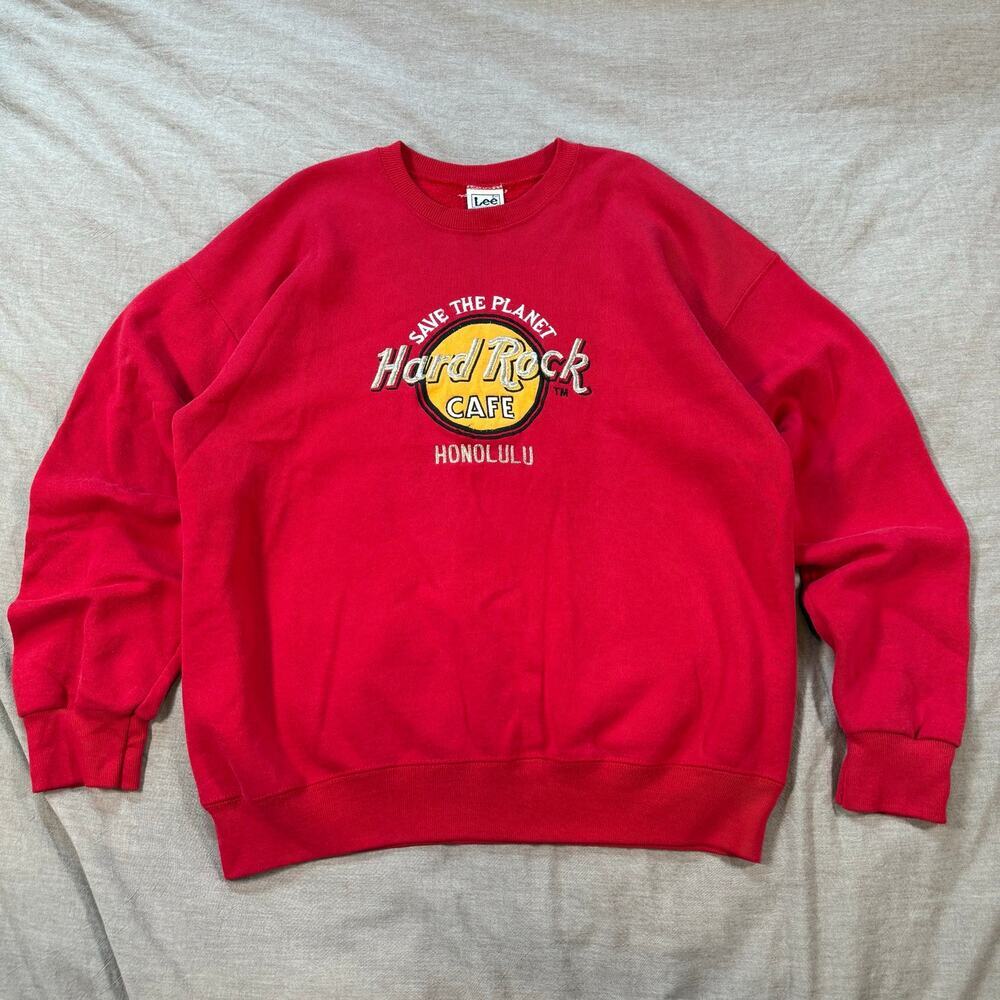 Vintage Hard Rock Cafe Crewneck Sweatshirt. Honolulu Hawaii red 90s‎ USA made XL